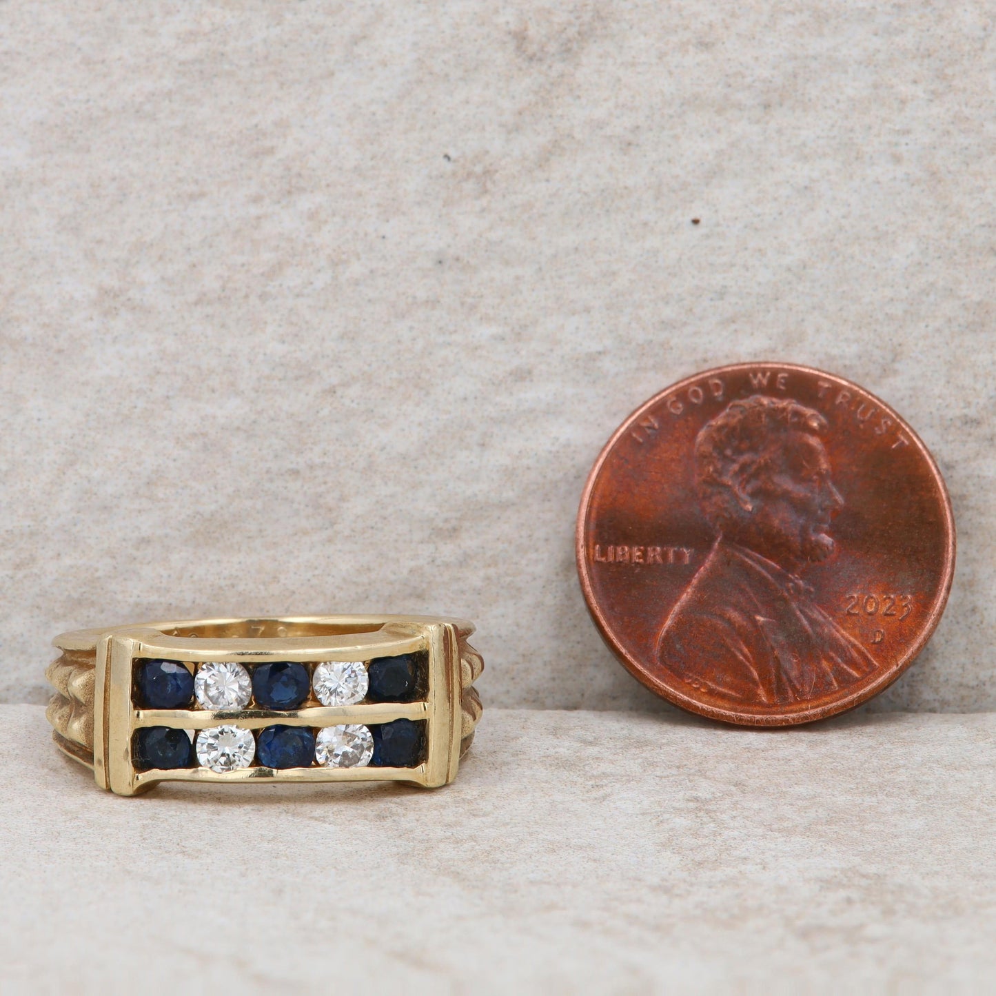 14k Yellow Gold Sapphire and Diamond Beaded Ring