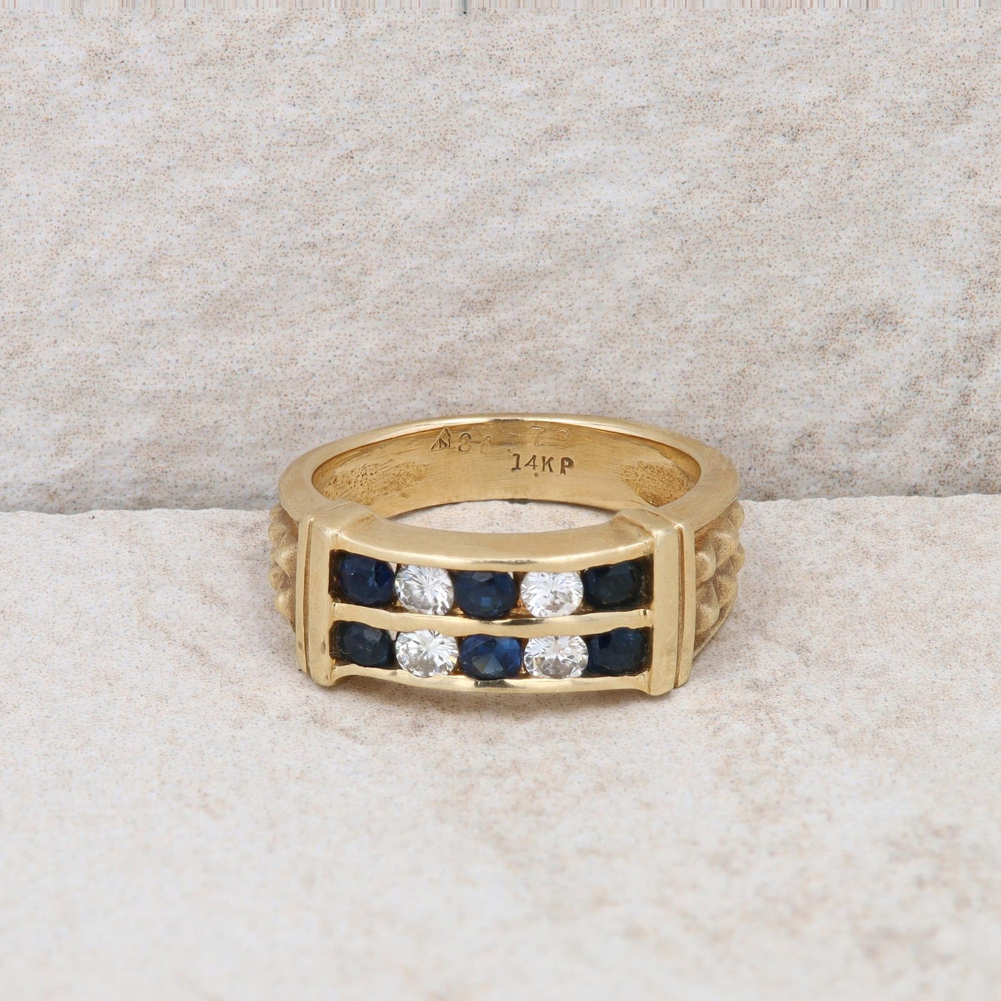 14k Yellow Gold Sapphire and Diamond Beaded Ring