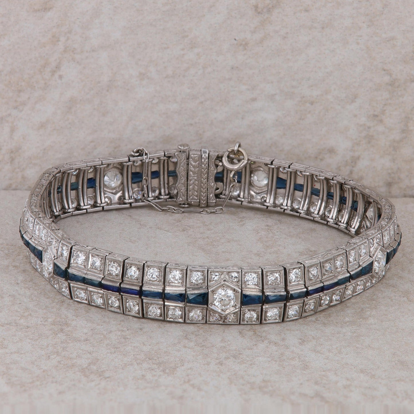 14k White Gold Sapphire and Diamond Art Deco Bracelet 7.5" 39.28 g