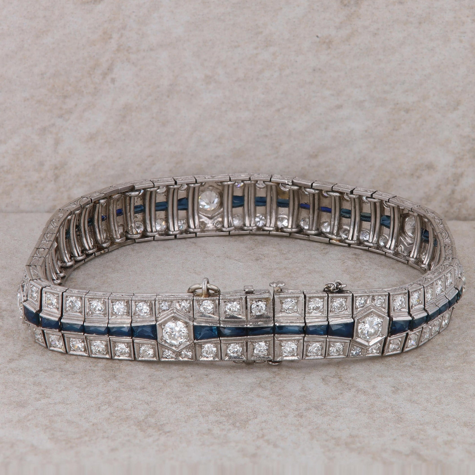 14k White Gold Sapphire and Diamond Art Deco Bracelet 7.5" 39.28 g