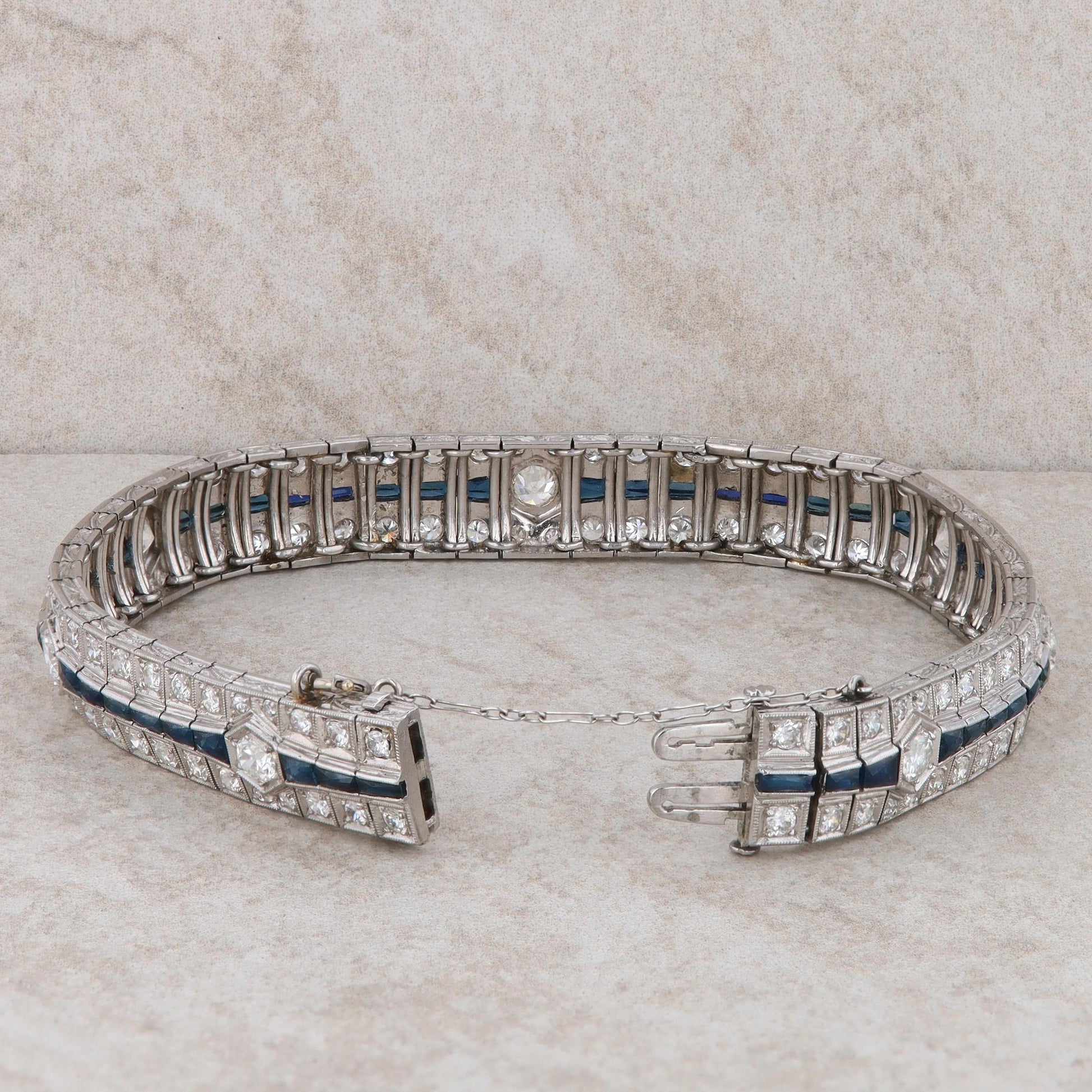 14k White Gold Sapphire and Diamond Art Deco Bracelet 7.5" 39.28 g