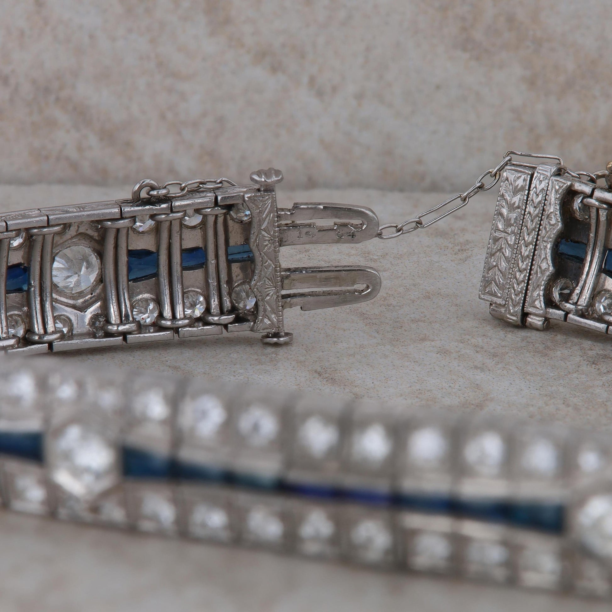 14k White Gold Sapphire and Diamond Art Deco Bracelet 7.5" 39.28 g