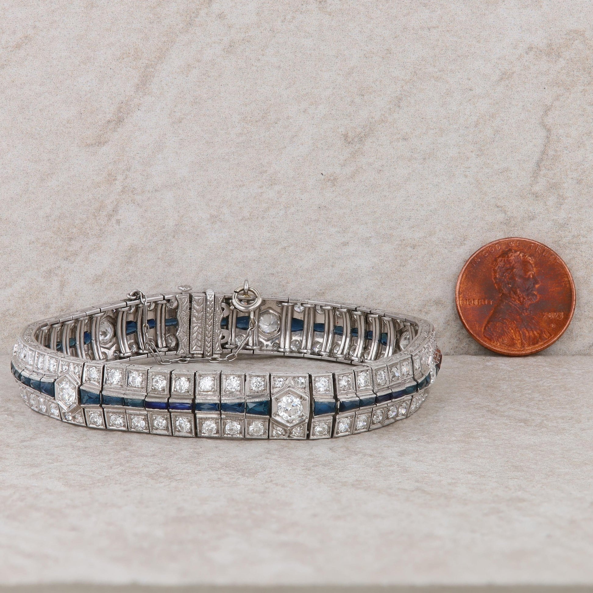 14k White Gold Sapphire and Diamond Art Deco Bracelet 7.5" 39.28 g