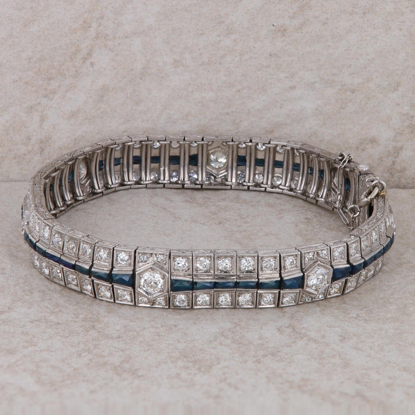 14k White Gold Sapphire and Diamond Art Deco Bracelet 7.5" 39.28 g