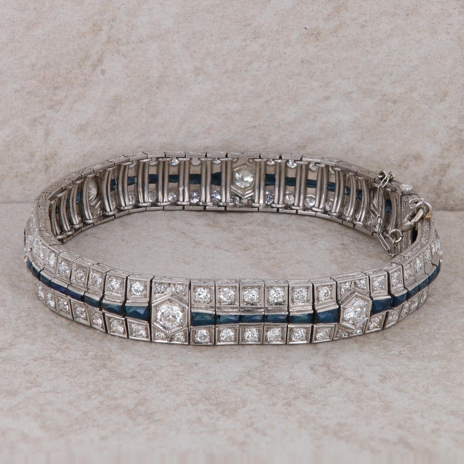 14k White Gold Sapphire and Diamond Art Deco Bracelet 7.5" 39.28 g