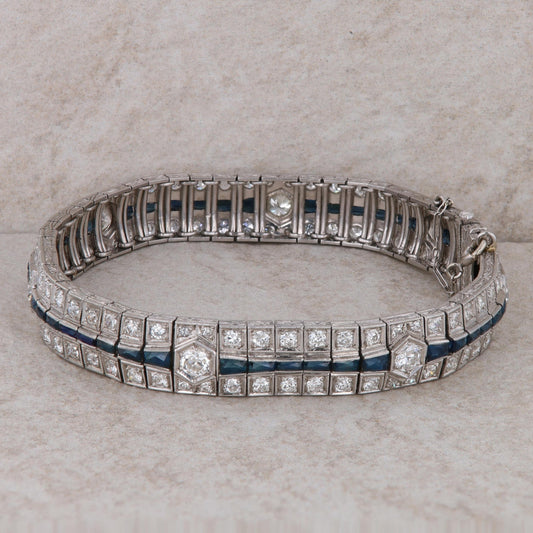 14k White Gold Sapphire and Diamond Art Deco Bracelet 7.5" 39.28 g