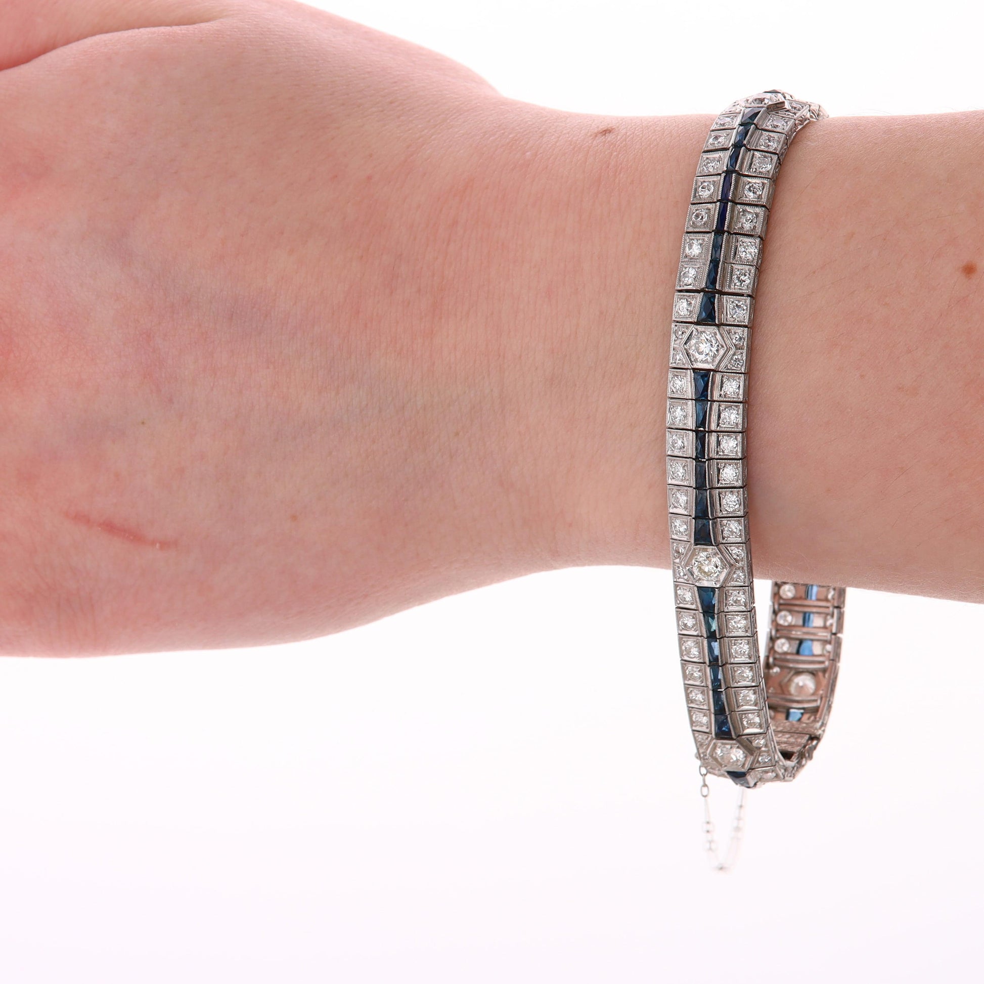 14k White Gold Sapphire and Diamond Art Deco Bracelet 7.5" 39.28 g