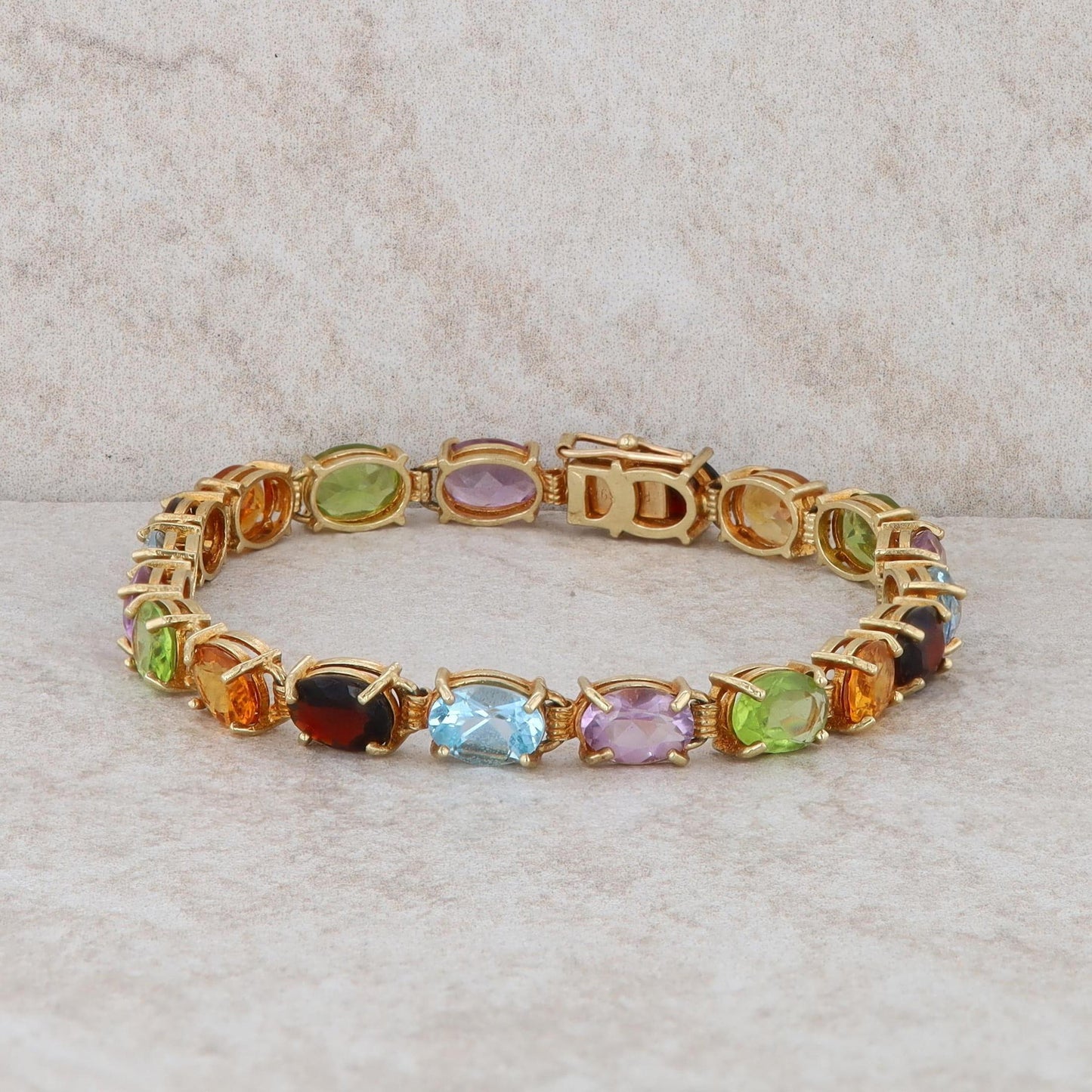 14k Yellow Gold Amethyst, Citrine, Peridot, Garnet and Blue Topaz Oval Bracelet