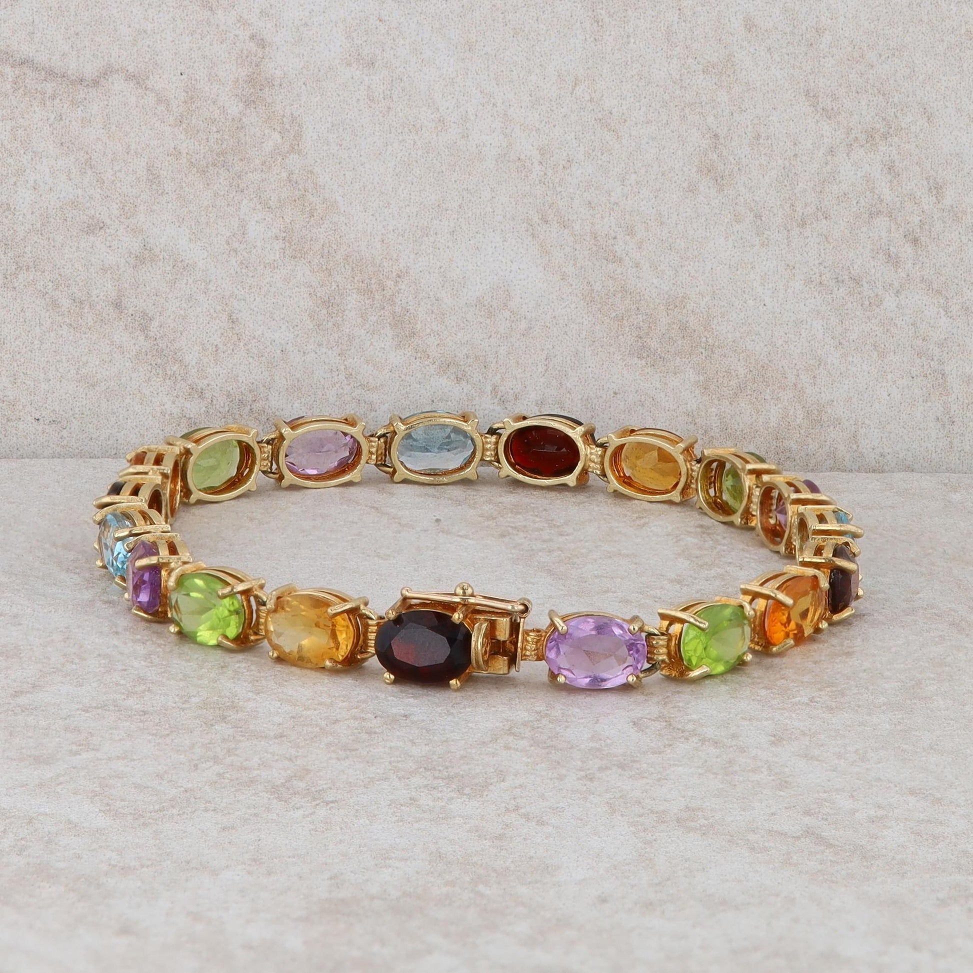 14k Yellow Gold Amethyst, Citrine, Peridot, Garnet and Blue Topaz Oval Bracelet