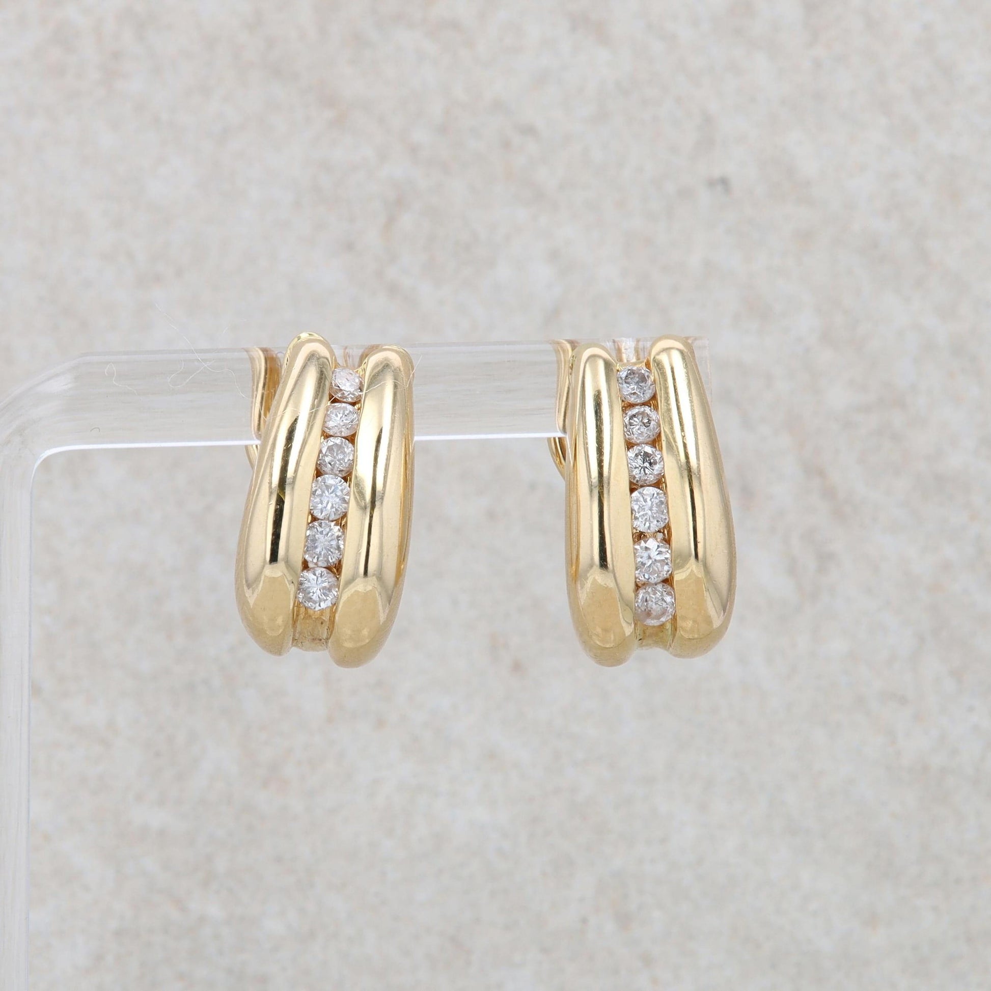 14k Yellow Gold Diamond Omega J Hoop Earrings