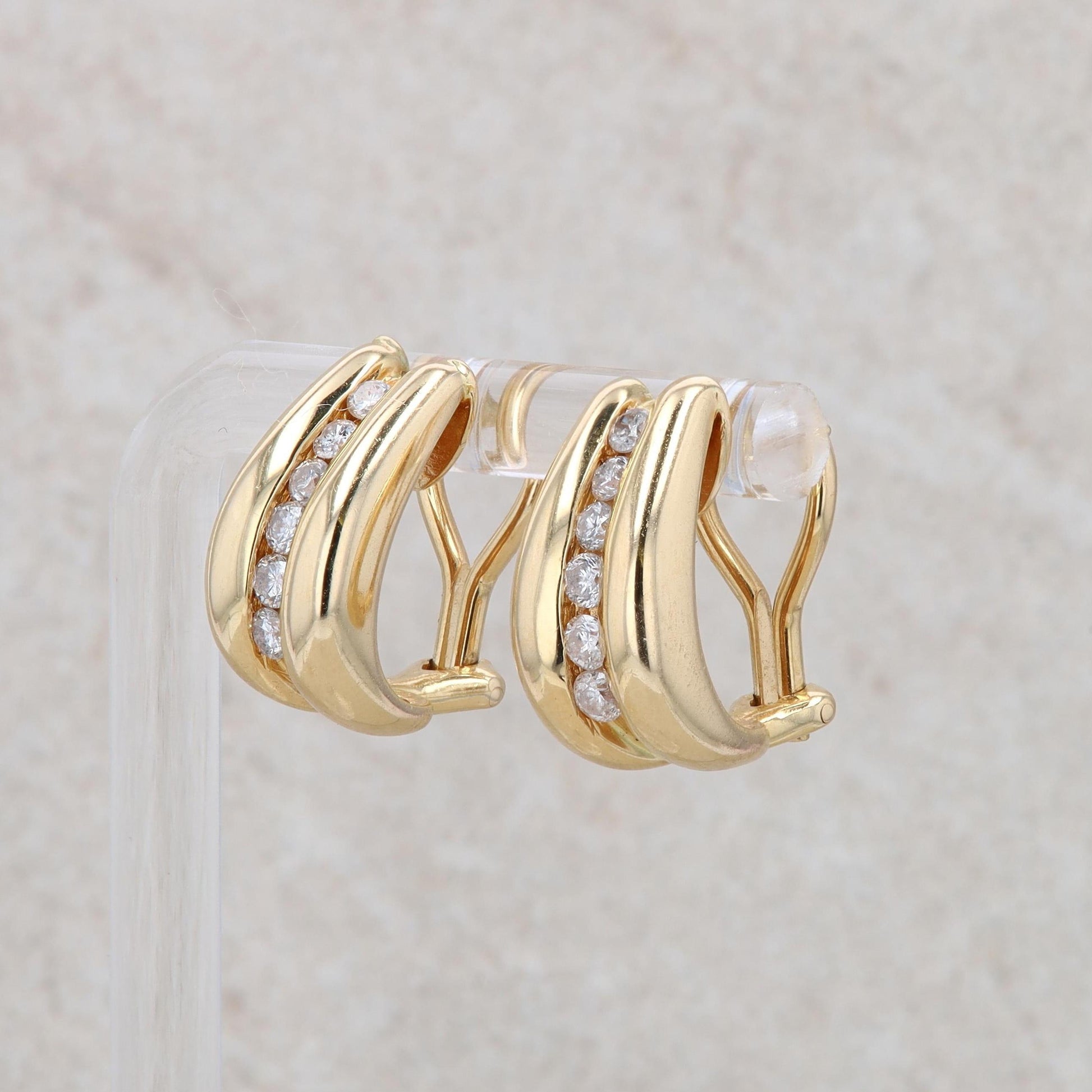 14k Yellow Gold Diamond Omega J Hoop Earrings