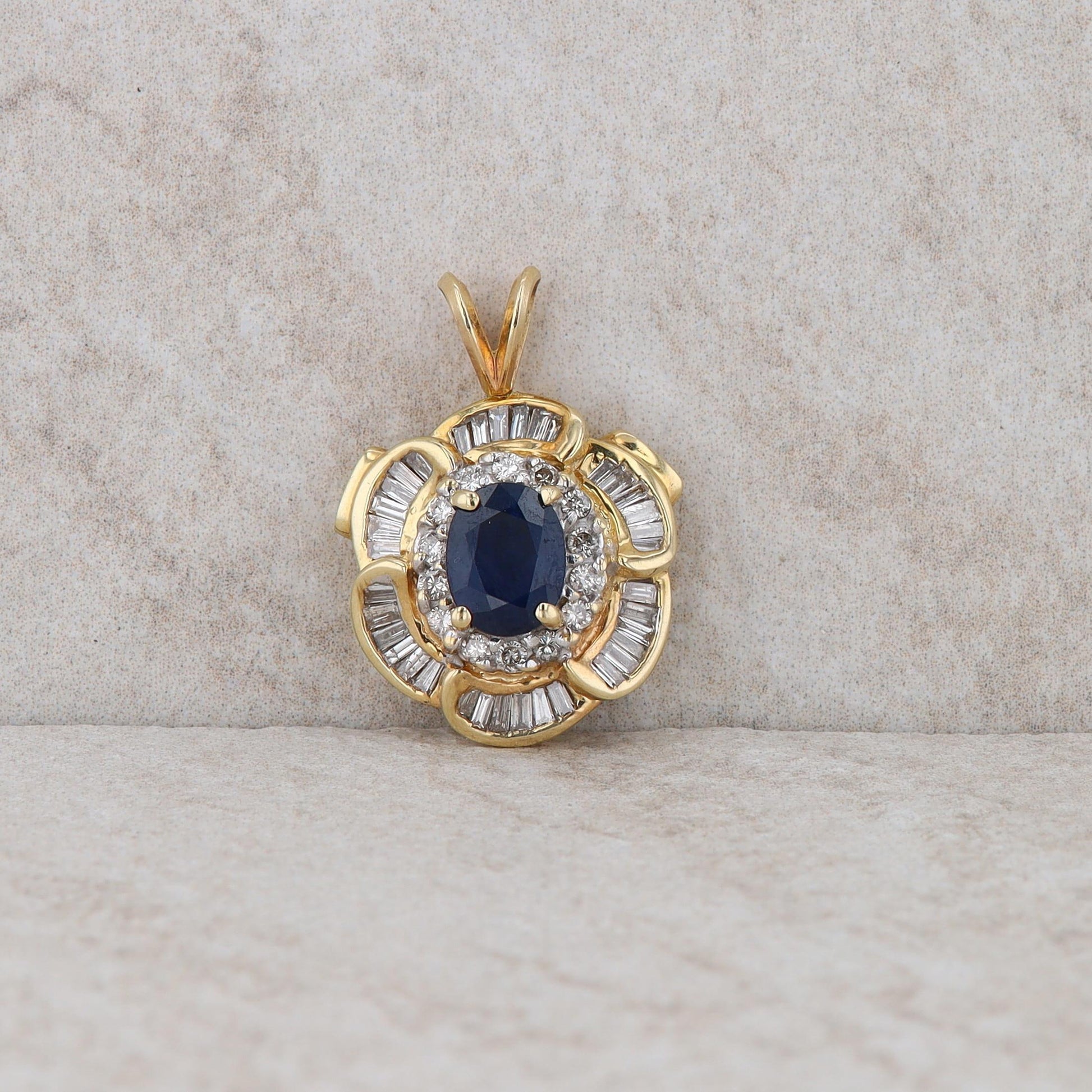 14k Yellow Gold Diamond and Sapphire Halo Pendant