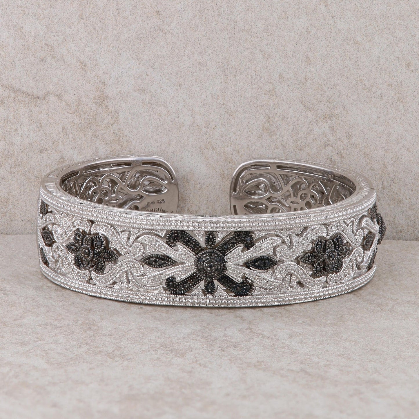 Sterling Silver RPG Black and White Diamond Bangle Cuff