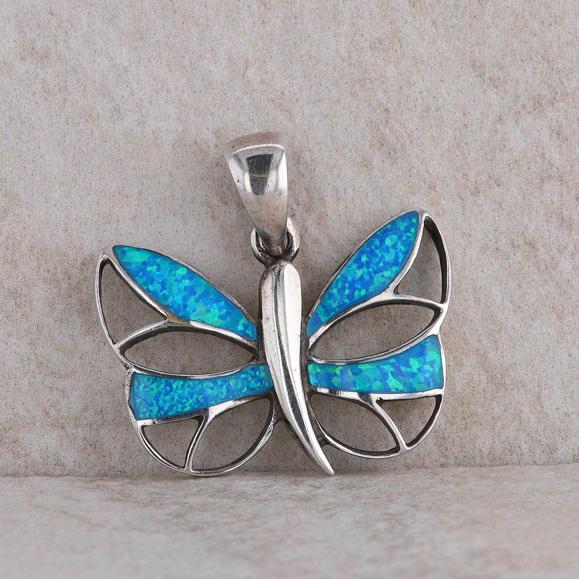 Sterling Silver Blue Opal Inlayed Butterfly Pendant