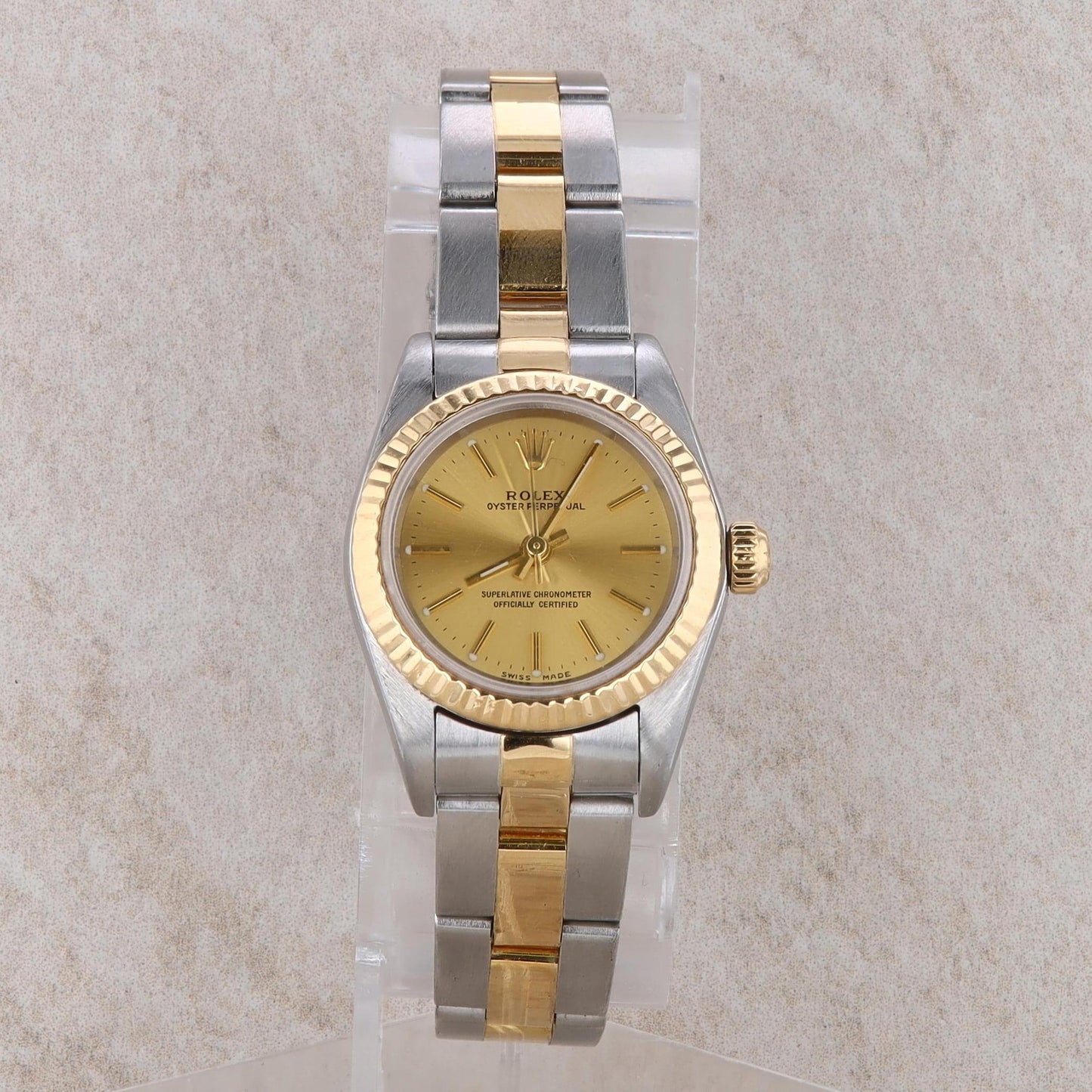 18k and Stainless Rolex Oyster Perpetual Ladies Oyster Band Champagne Dial 2001