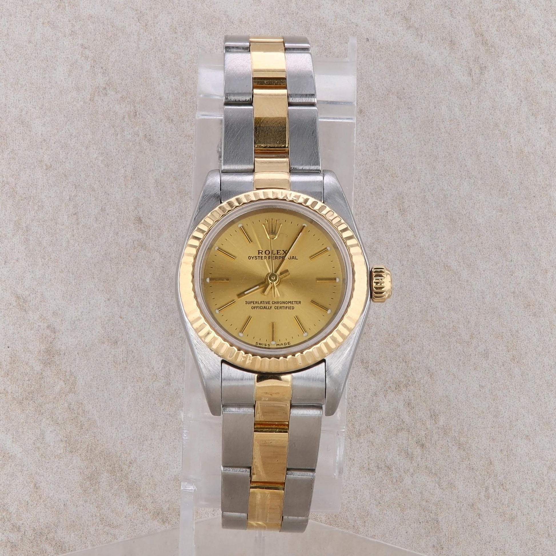 18k and Stainless Rolex Oyster Perpetual Ladies Oyster Band Champagne Dial 2001