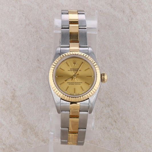 18k and Stainless Rolex Oyster Perpetual Ladies Oyster Band Champagne Dial 2001