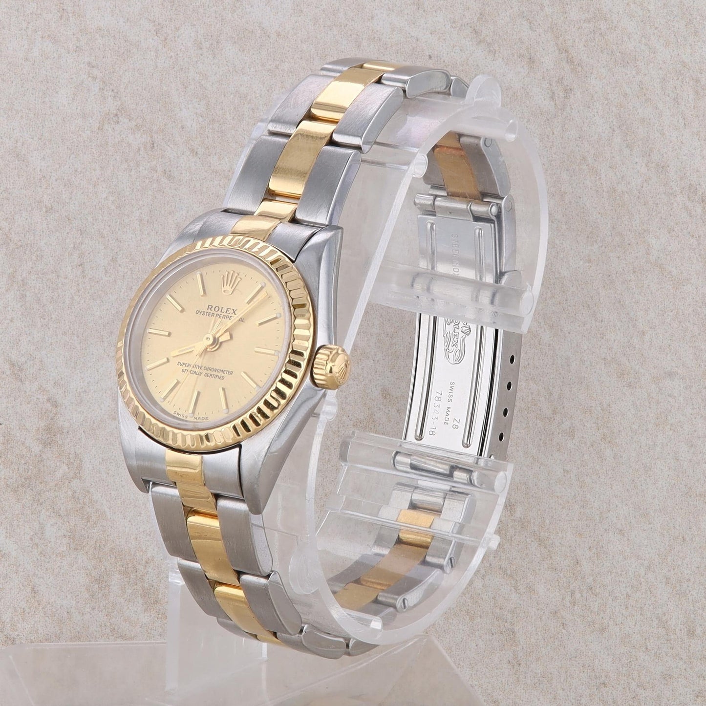 18k and Stainless Rolex Oyster Perpetual Ladies Oyster Band Champagne Dial 2001
