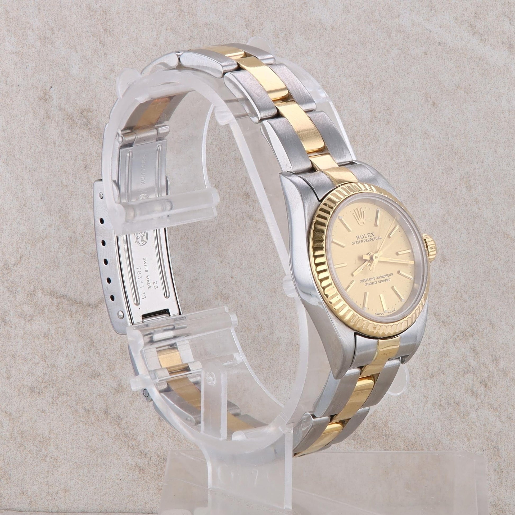 18k and Stainless Rolex Oyster Perpetual Ladies Oyster Band Champagne Dial 2001
