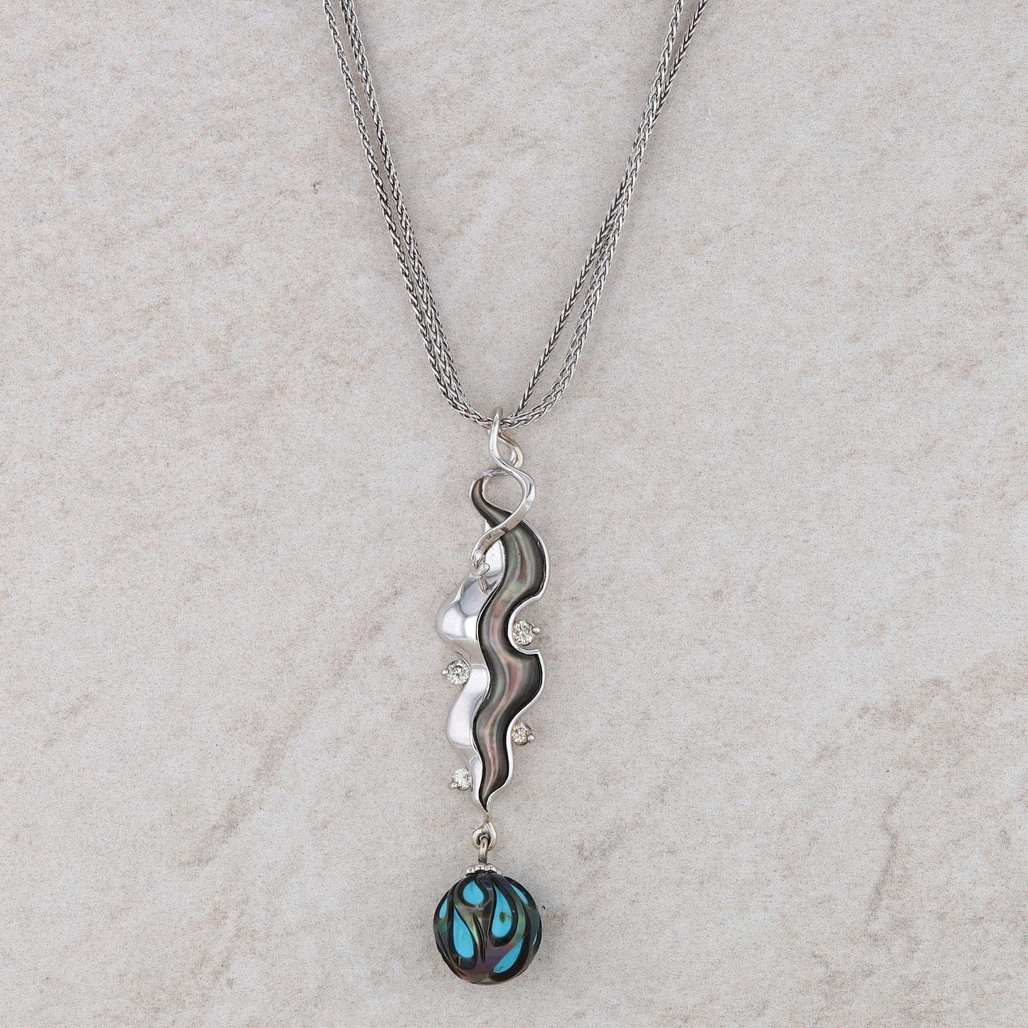 14k White Gold Galatea Pearl Turquoise Triple Chain Necklace