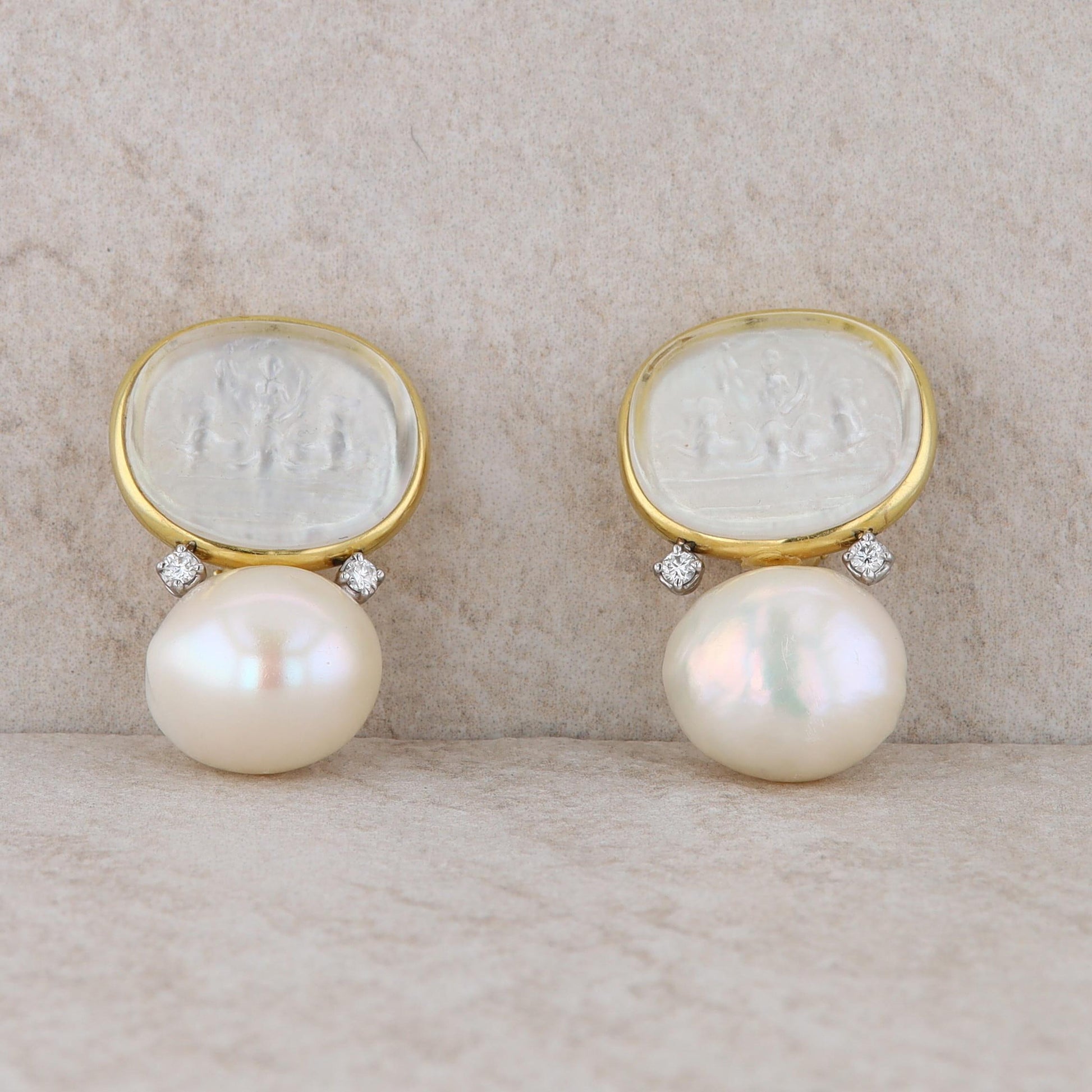 14k Yellow Gold Raymond Mazza Venetian Glass, Pearl and Diamond Earrings