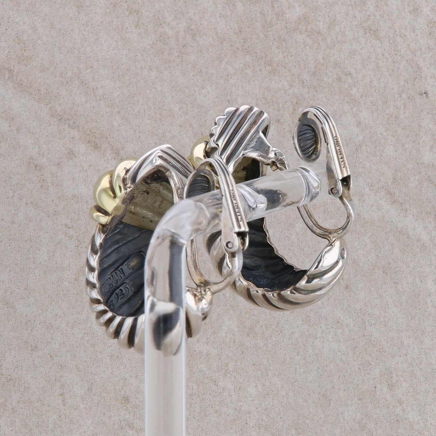 David Yurman Sterling Silver 18k Yellow Thoroughbred Shrimp Cable Omega Earrings