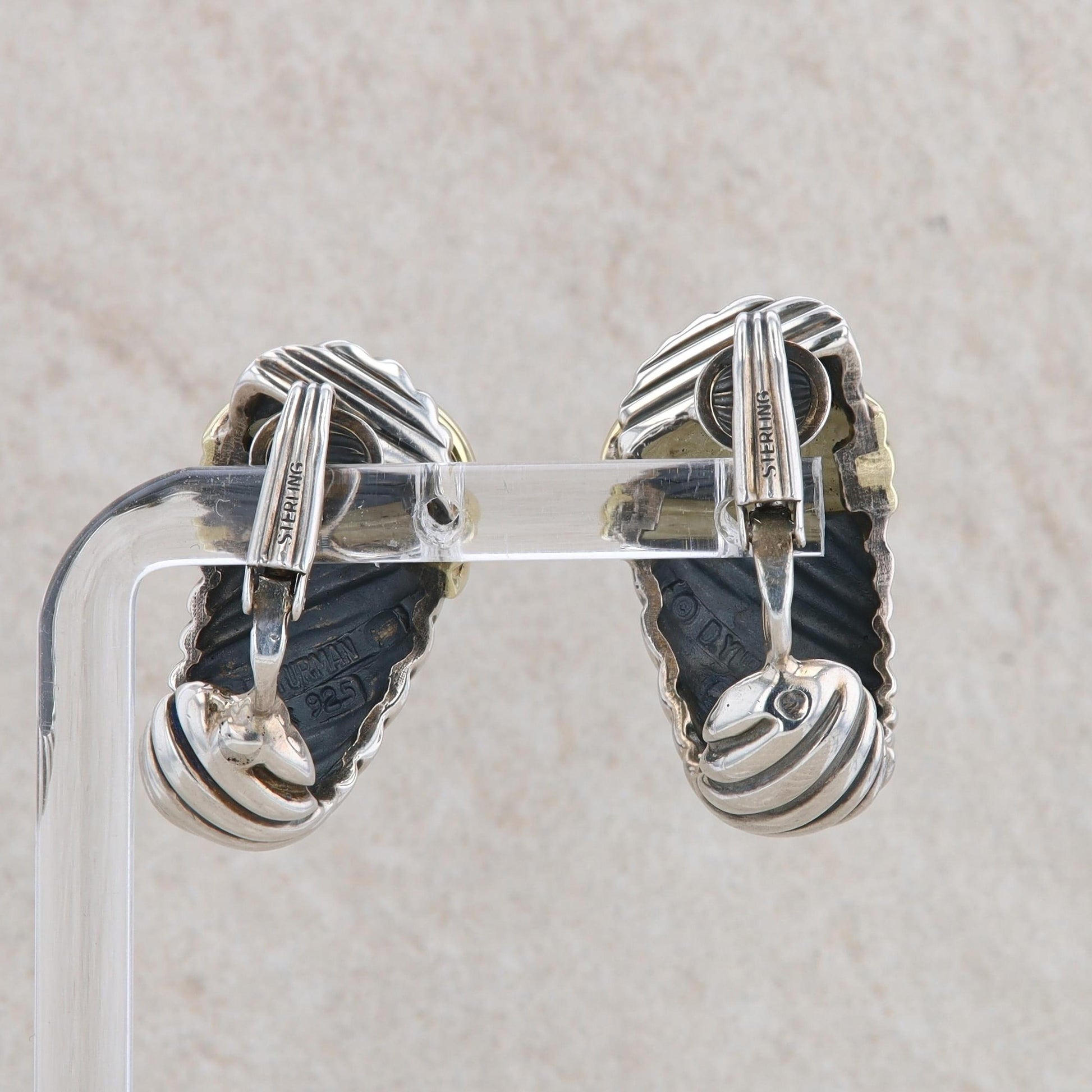 David Yurman Sterling Silver 18k Yellow Thoroughbred Shrimp Cable Omega Earrings