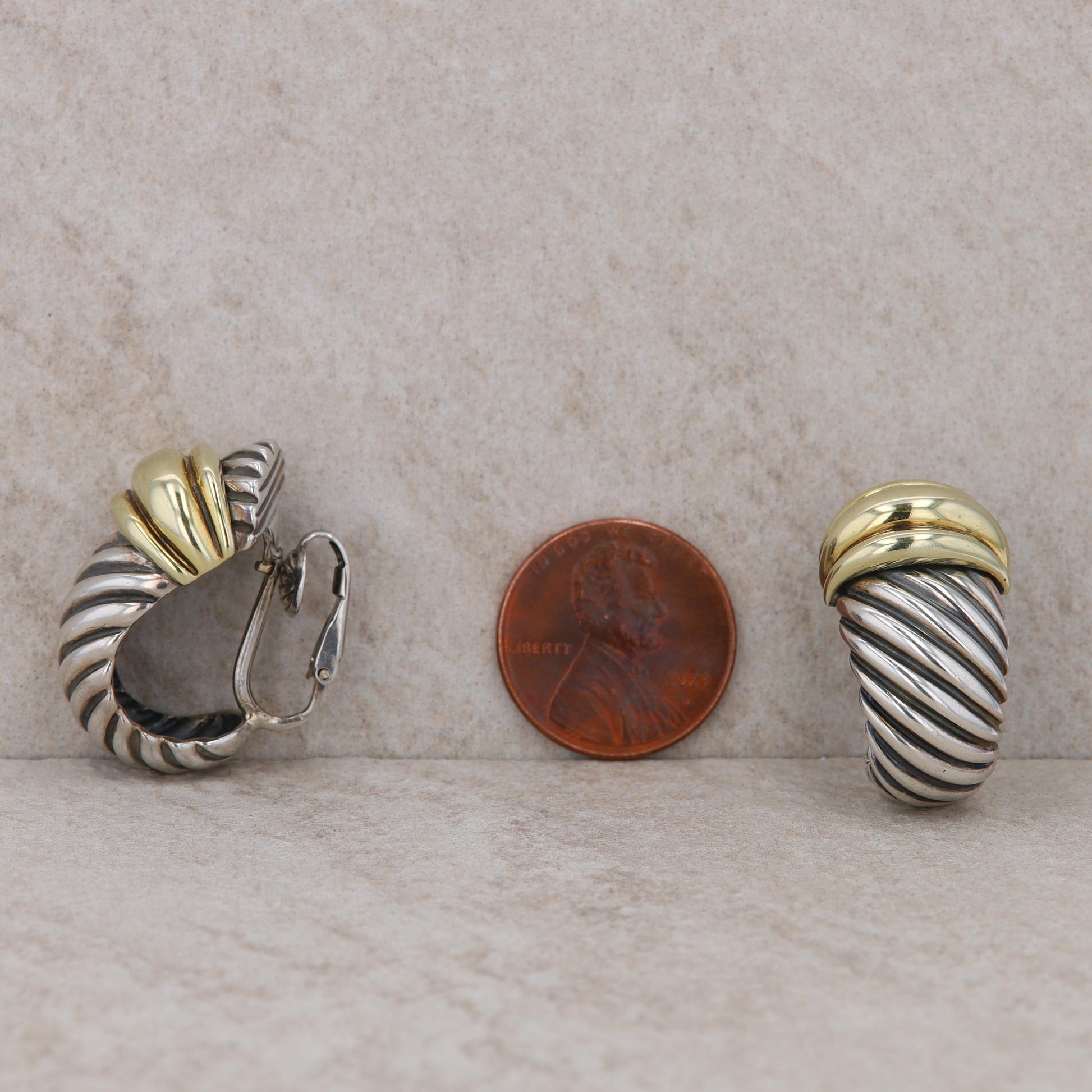 David Yurman Sterling Silver 18k Yellow Thoroughbred Shrimp Cable Omega Earrings