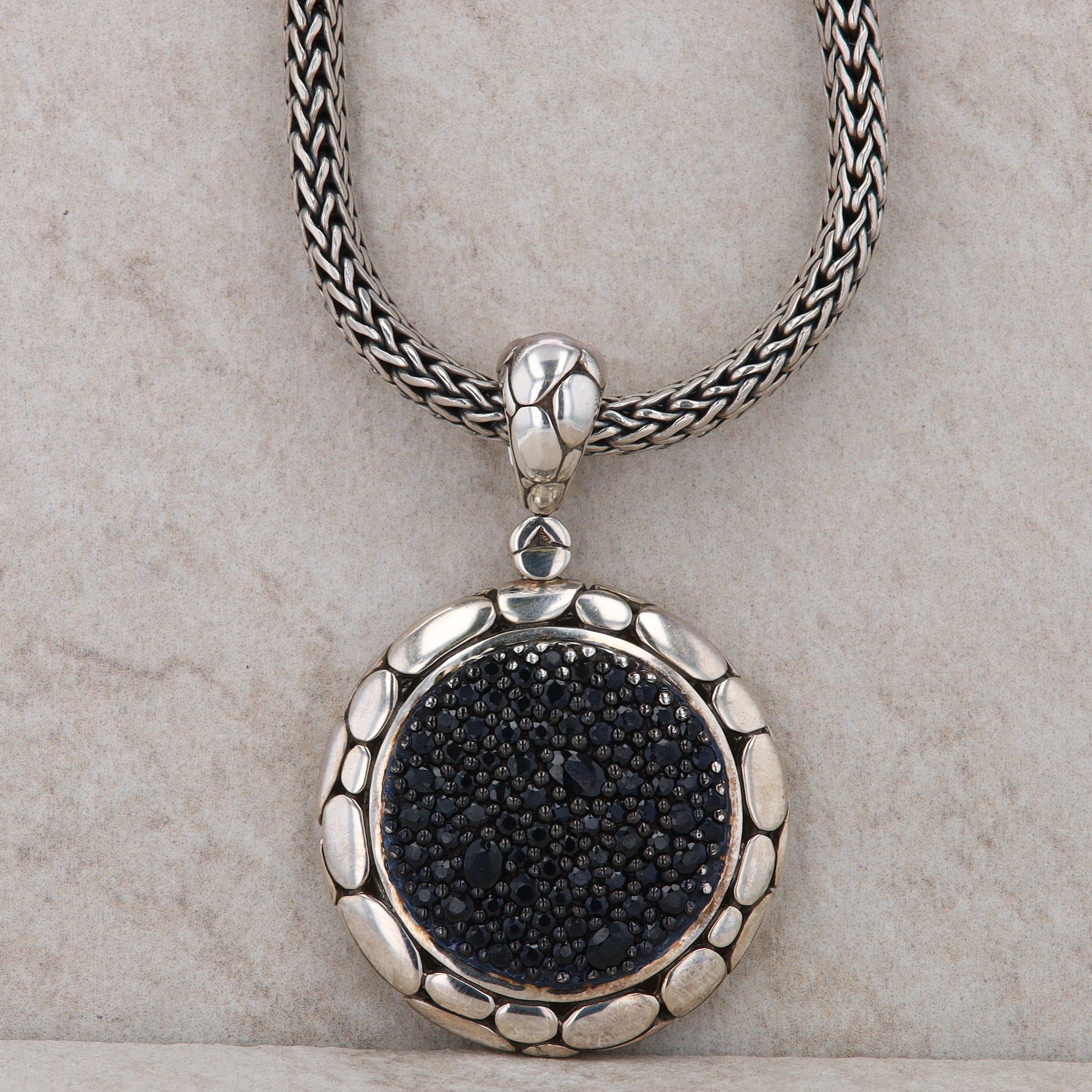 Sterling Silver John Hardy Black Sapphire Kali Circle Pendant and Chain