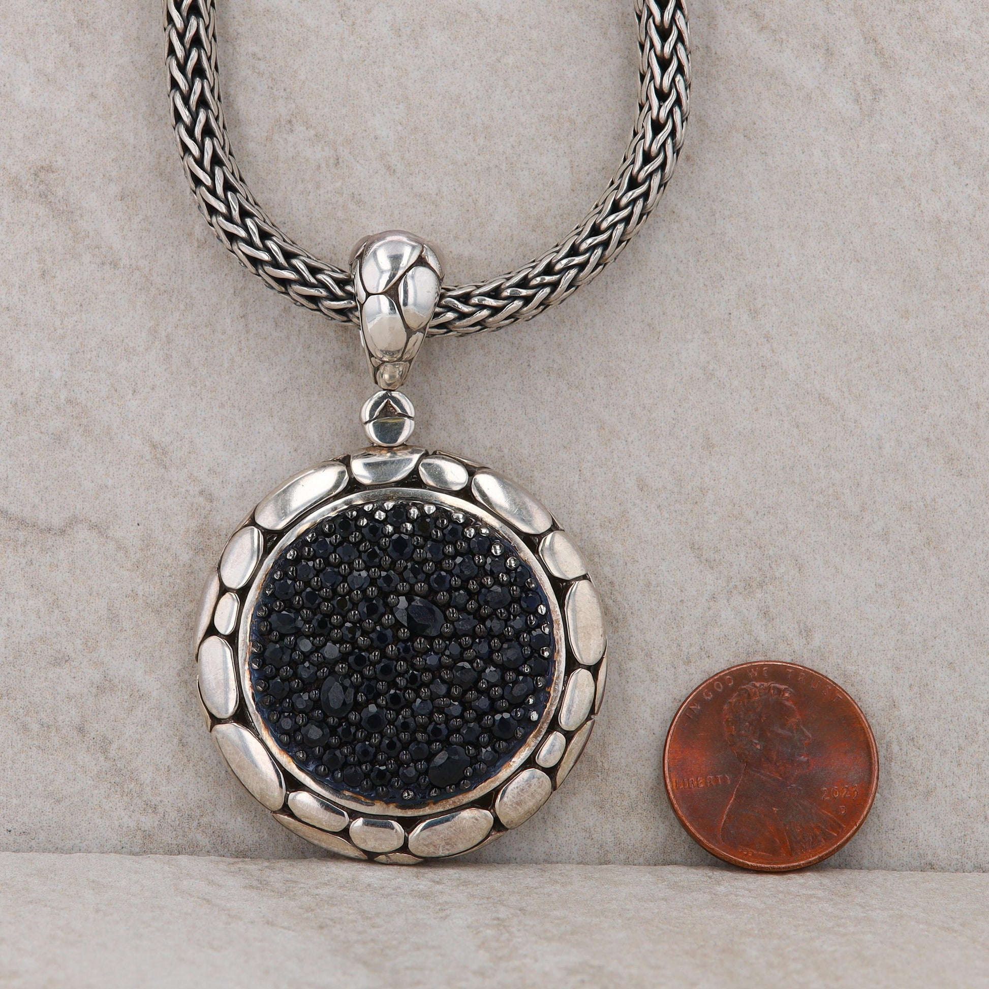 Sterling Silver John Hardy Black Sapphire Kali Circle Pendant and Chain