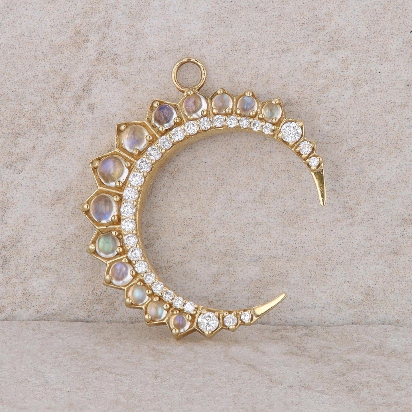 14k Yellow Gold Storrow Moonstone and Diamond Crescent Pendant