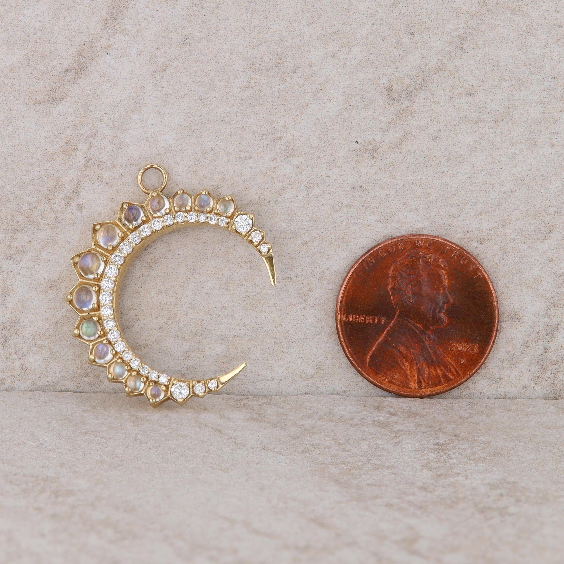 14k Yellow Gold Storrow Moonstone and Diamond Crescent Pendant
