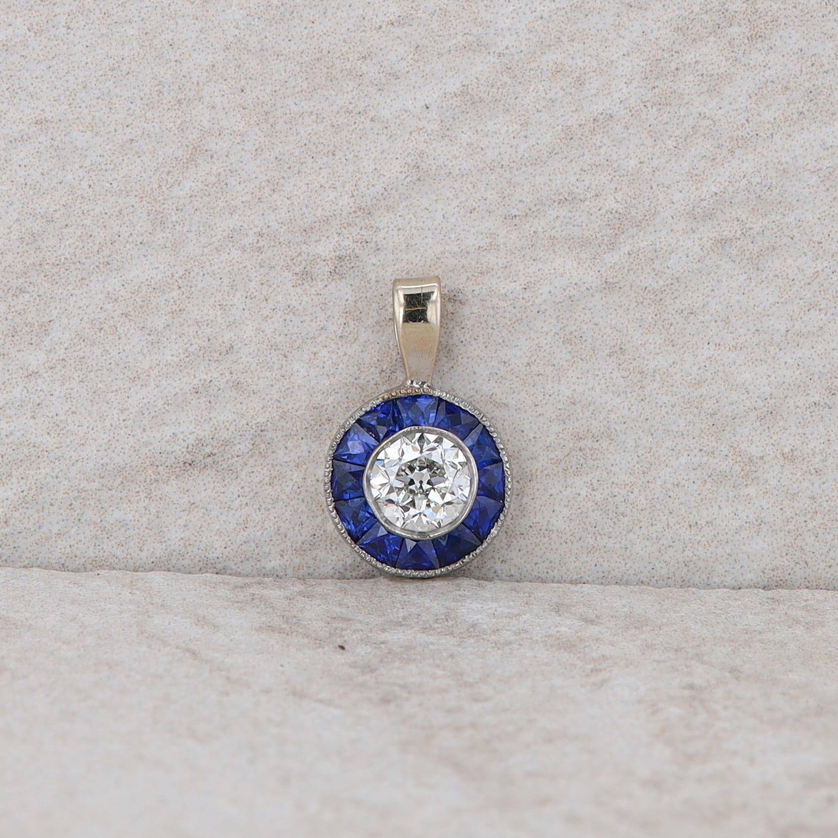 14k White Gold Diamond and Sapphire Halo Pendant