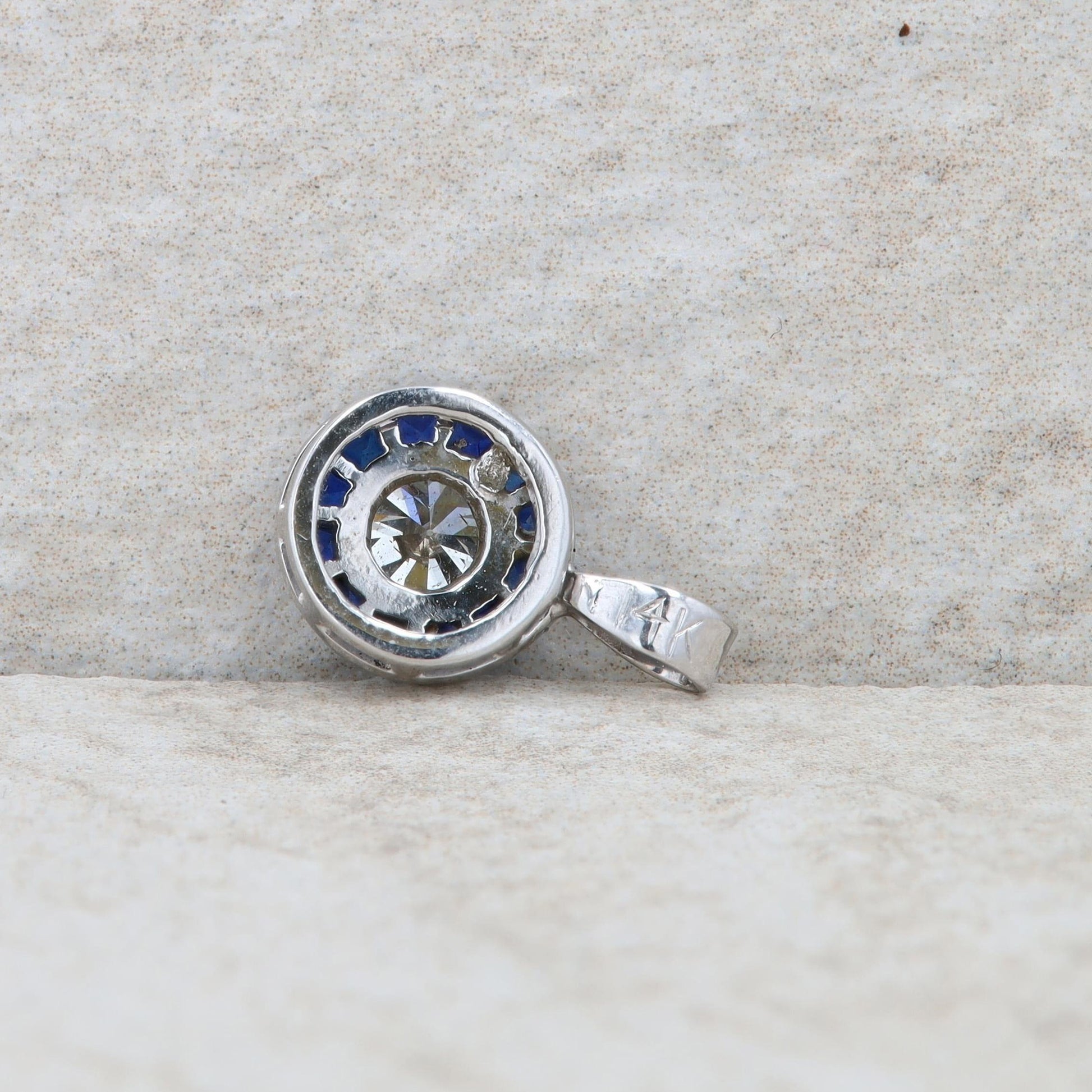 14k White Gold Diamond and Sapphire Halo Pendant