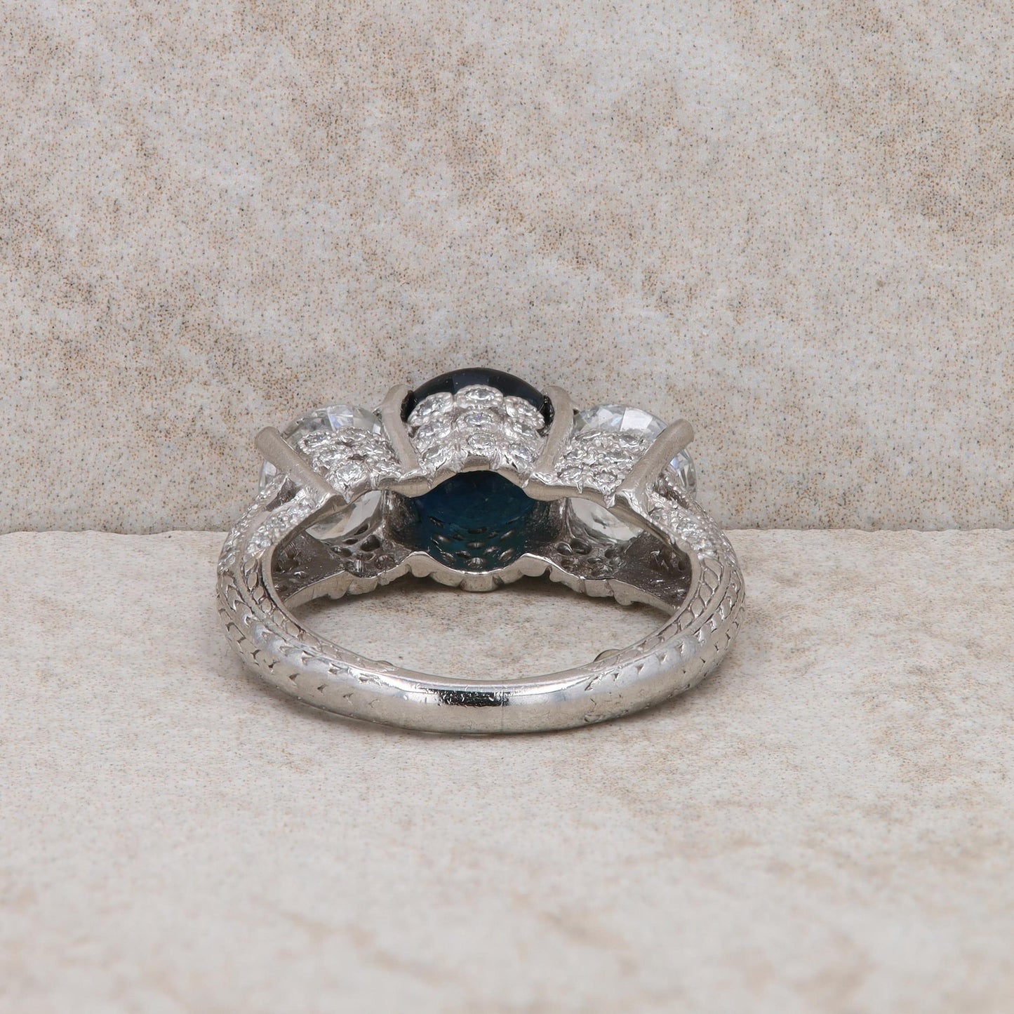 Platinum Sapphire and Diamond Three Stone Filigree Ring
