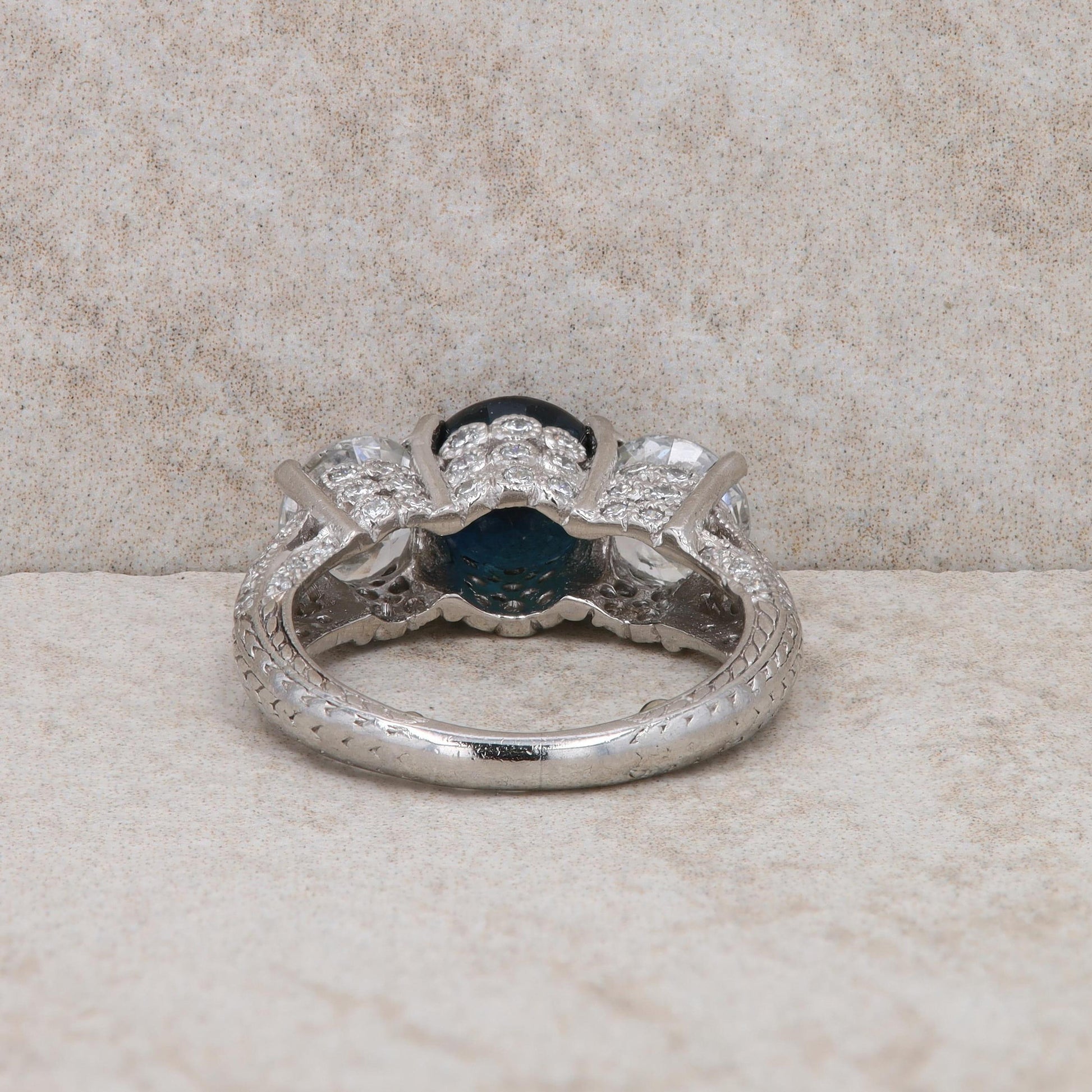 Platinum Sapphire and Diamond Three Stone Filigree Ring