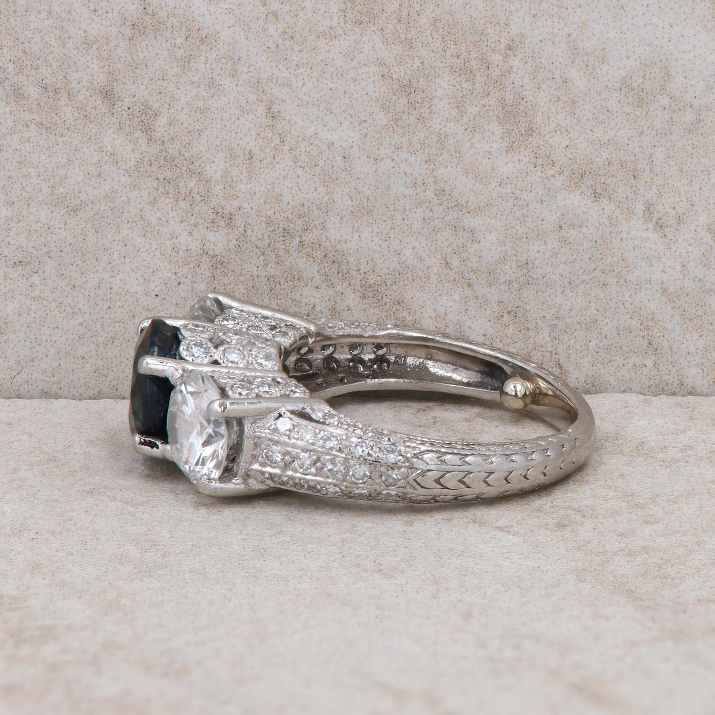 Platinum Sapphire and Diamond Three Stone Filigree Ring