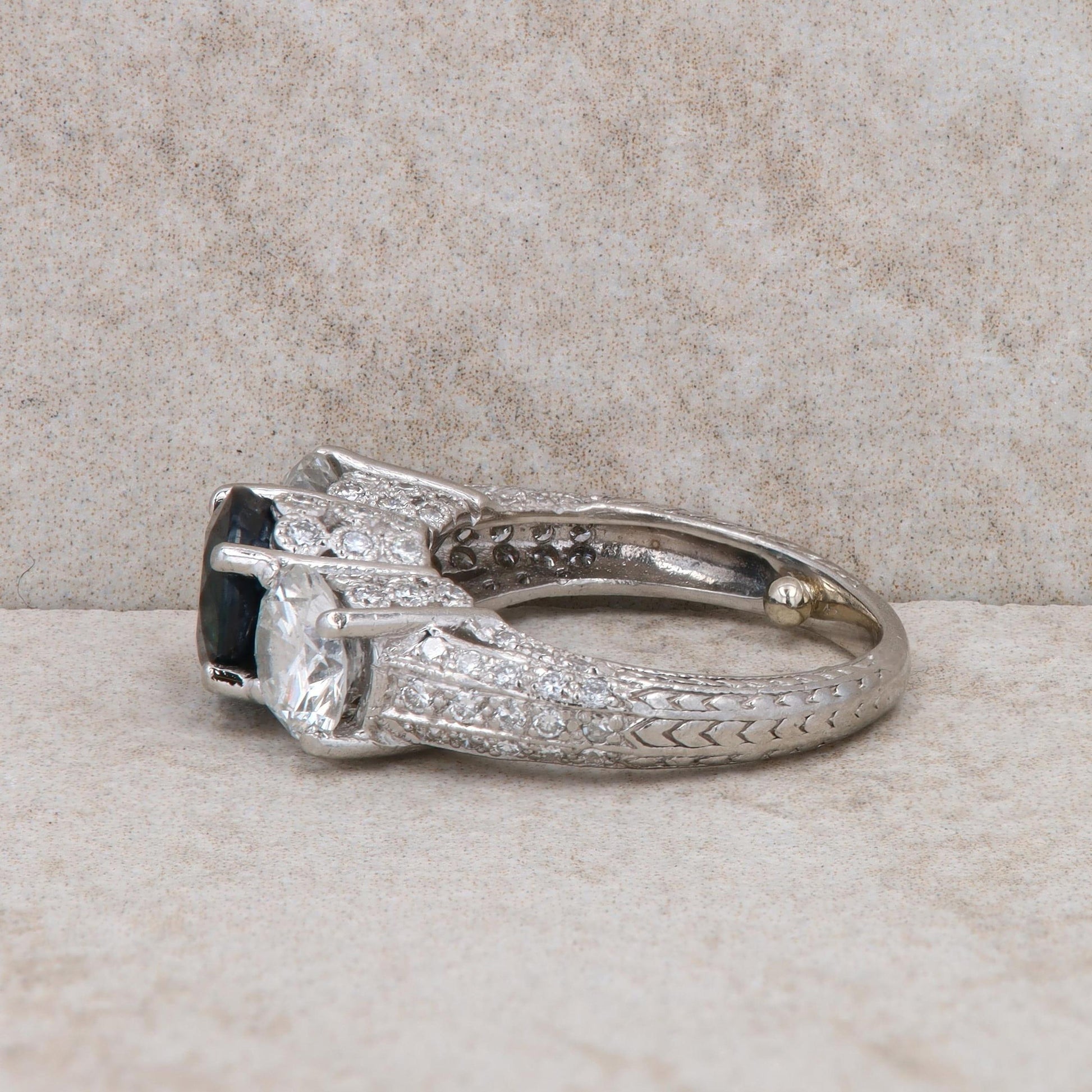 Platinum Sapphire and Diamond Three Stone Filigree Ring
