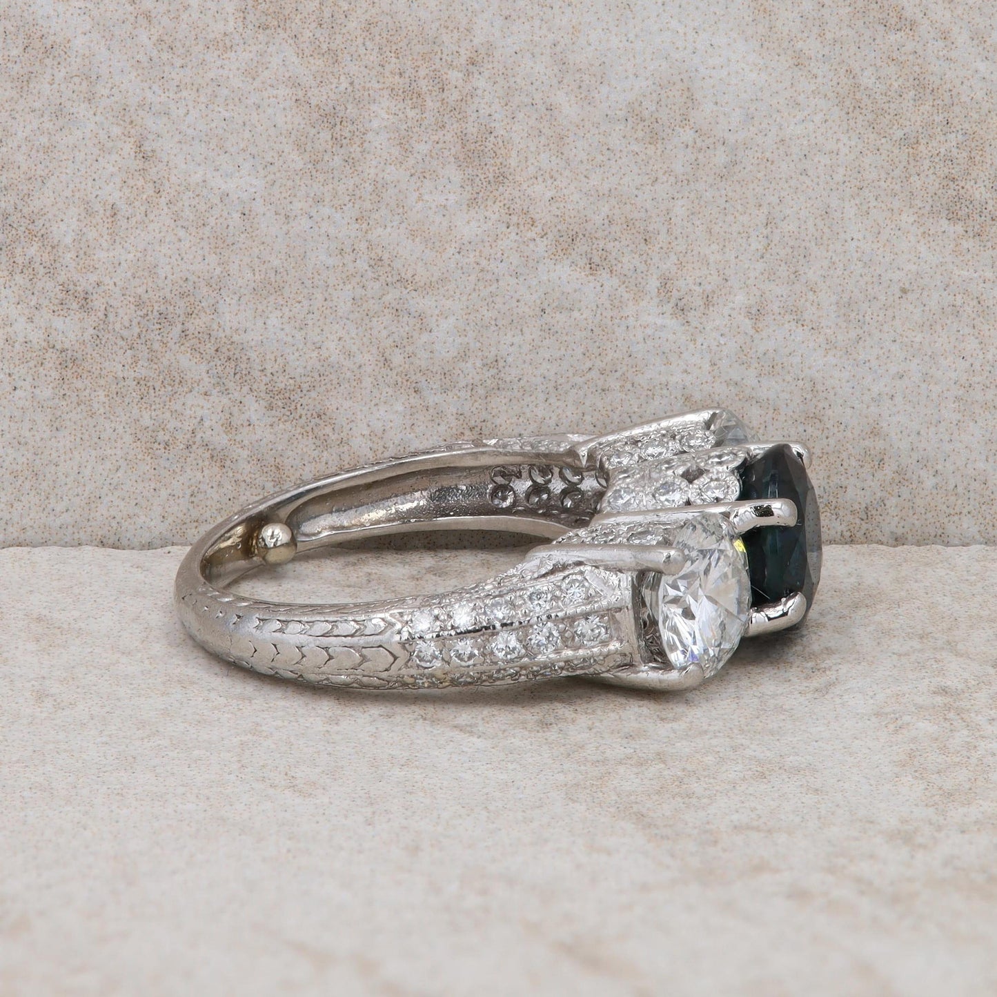 Platinum Sapphire and Diamond Three Stone Filigree Ring