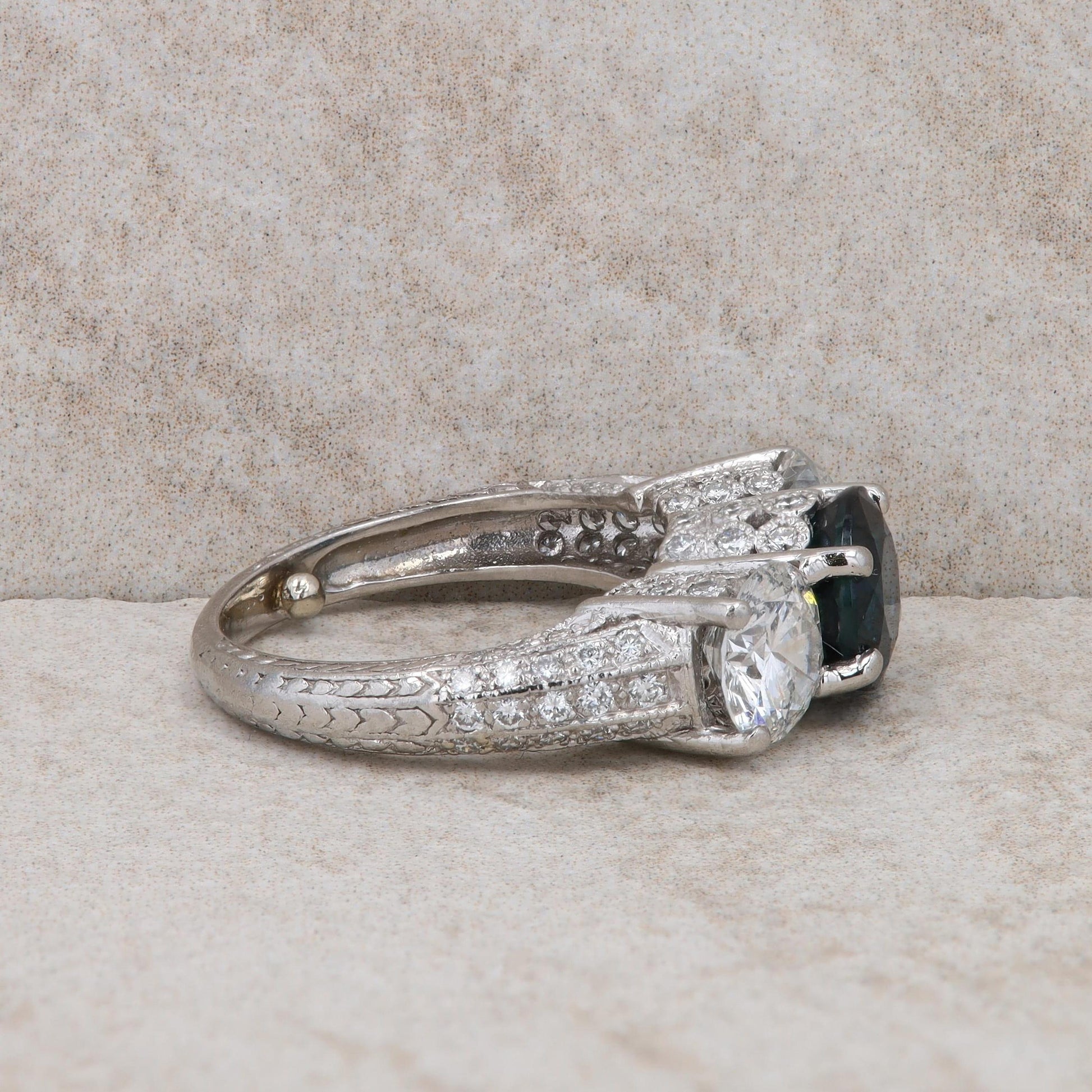 Platinum Sapphire and Diamond Three Stone Filigree Ring