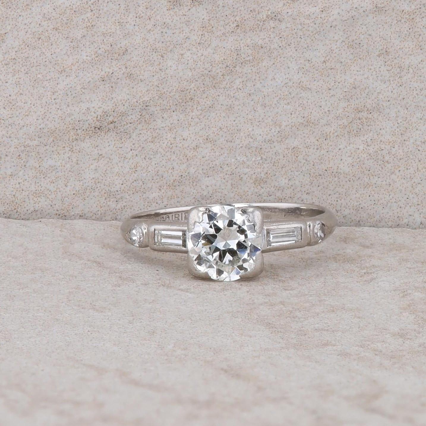 Platinum Diamond and Baguette Engagement Ring